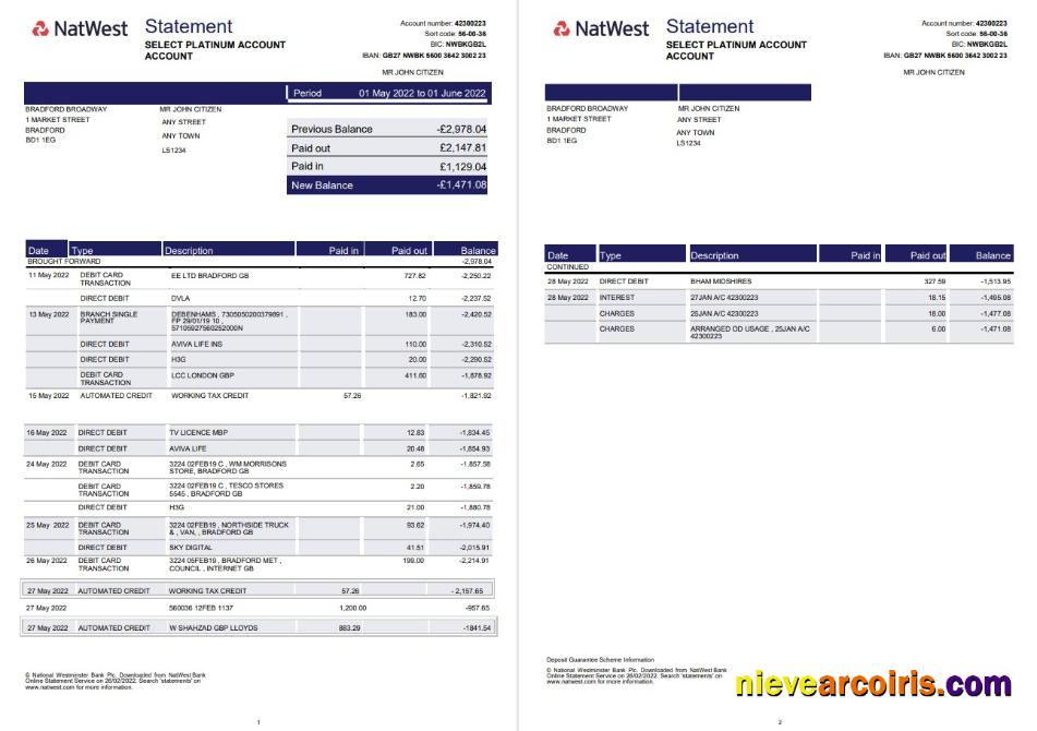 United Kingdom Natwest bank statement in Word and PDF format 2 pages, version 2